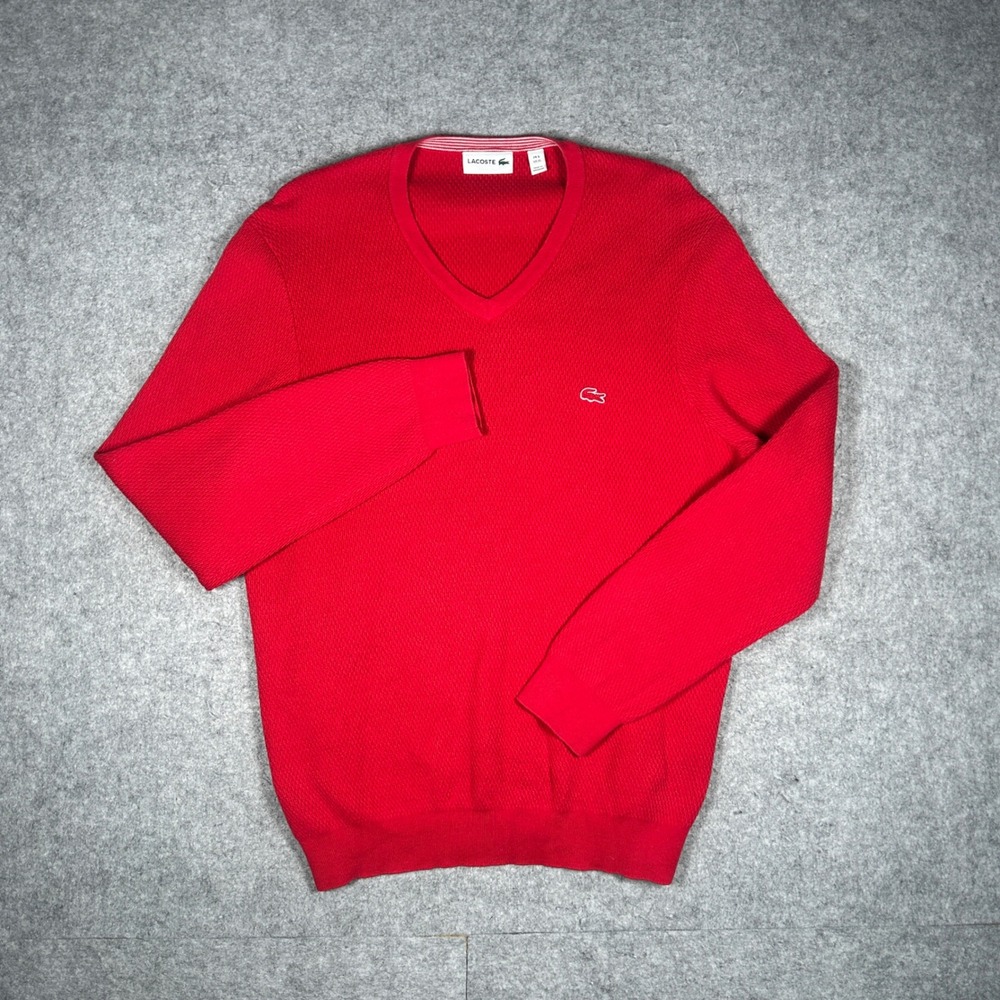 Lacoste Sweater Mens XL Red V-Neck Waffle Knit Cotton Wool Pullover Classic